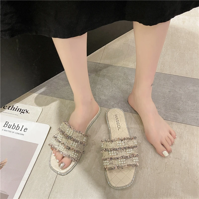 

String Bead Female Shoes Slippers Casual Slides 2021 Luxury Flat Massage Basic Fabric PU Fashion Cotton Shoes Slippers Casual St
