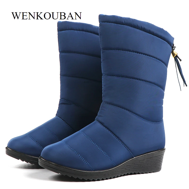 Женские ботинки до середины икры Водонепроницаемые зимние теплые на танкетке