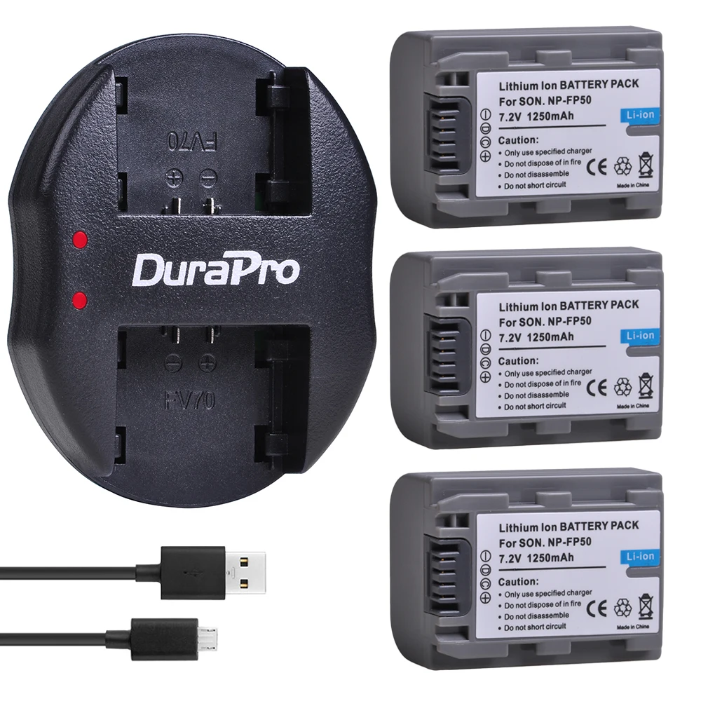 

3pc 1250mAH NP FP50 NP-FP50 Battery + USB Charger for Sony NP-FP30 NP-FP50 NP-FP60 NP-FP70 NP-FP90 DCR-SX40 SX40r SX41 HDR-CX105