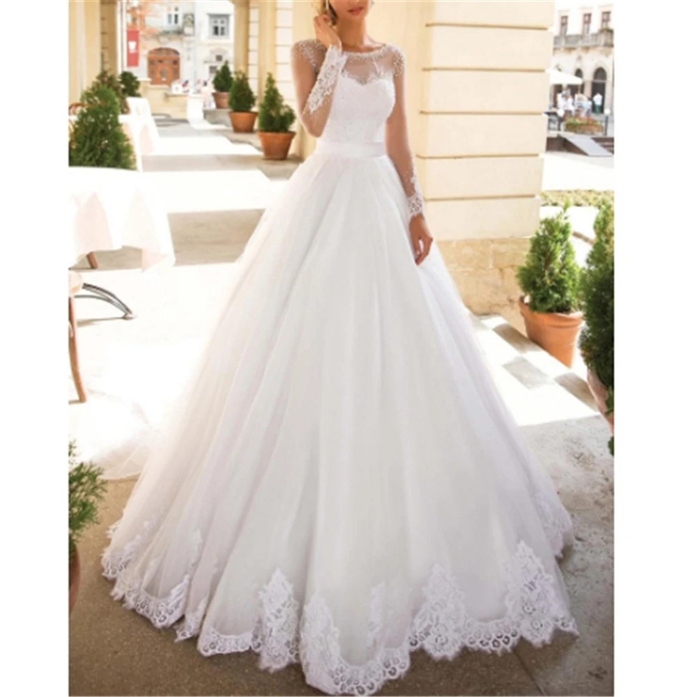 

Glamorous White scoop Beading Long Sleeves Illusion Wedding Dresses Ball Gown Custom-Made Bridal Gown Vestido De Festa