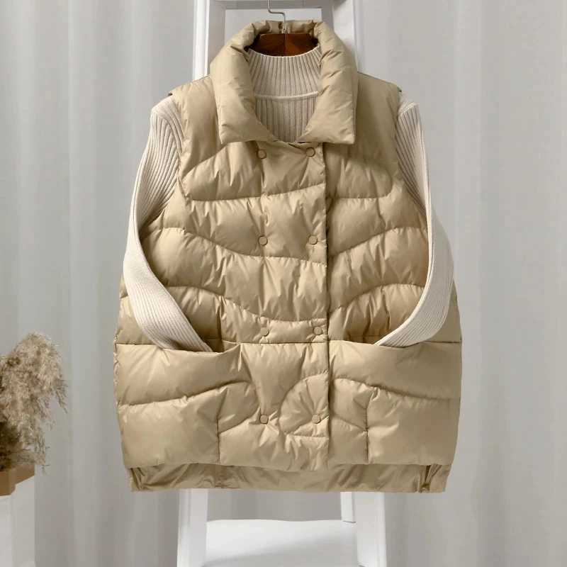 Winter Women's Vest 90% Duck Down Jacket Ultra Light Warm Double Breasted Short Down Coat Parka Female Sleeveless Waistcoat 2023