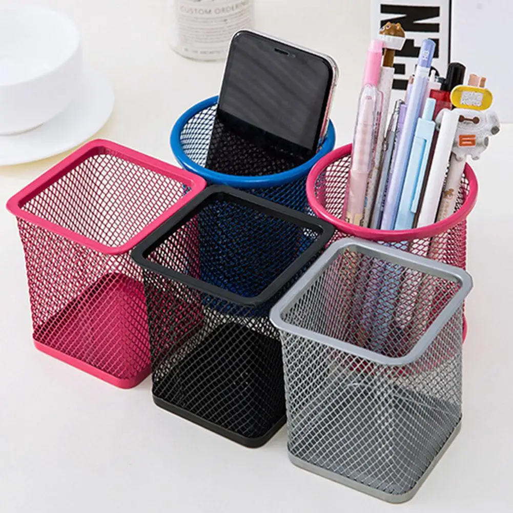 

New Pencil Holder Office Desk Metal Mesh Square Round Pen Pot Cup Case Container Organiser Durable Pencil Case