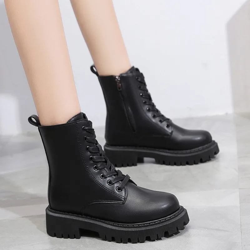 

Женские ботильоны на платформе, черные теплые ботинки на толстой подошве, со шнуровкой, на квадратном каблуке, зимний сезон 2022