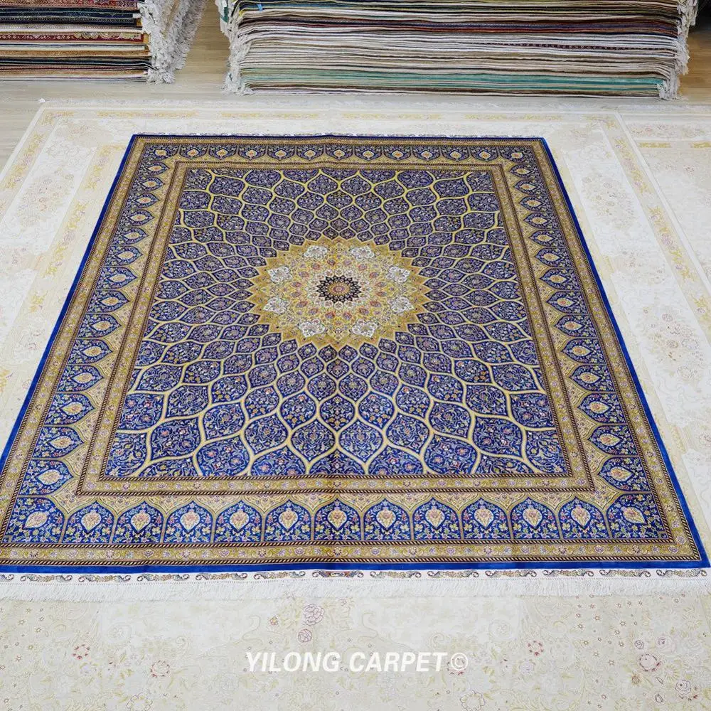 Kopen Yilong 8 'X 10' Handgemaakte Qum Zijde Tapijt Medaillon Floral Blue Hand Geknoopt Thuis Tapijt (TJ161A)