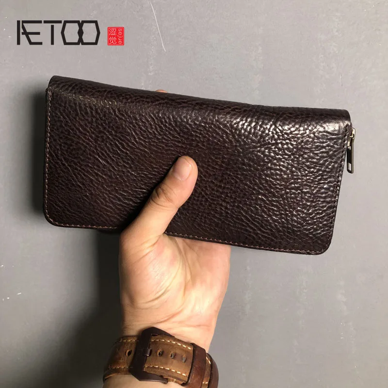 Винтажный Мужской бумажник AETOO ручной работы длинный кожаный мужской на молнии