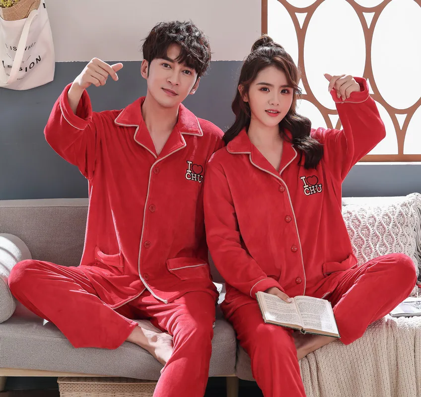 Printed Flannel Thickened Nightwear Winter New Couple Sleep Set Coral Velvet 2PCS Pajamas Suit Men Warm Wedding Home Wear