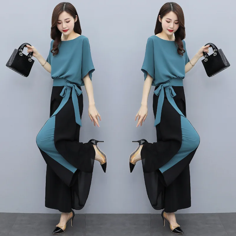 

High Quality Women's Summer Suit Clothing Chiffon Wide Leg Pants Lace Up Office Lady 2021 Top Female Foreign Two Piece Sets