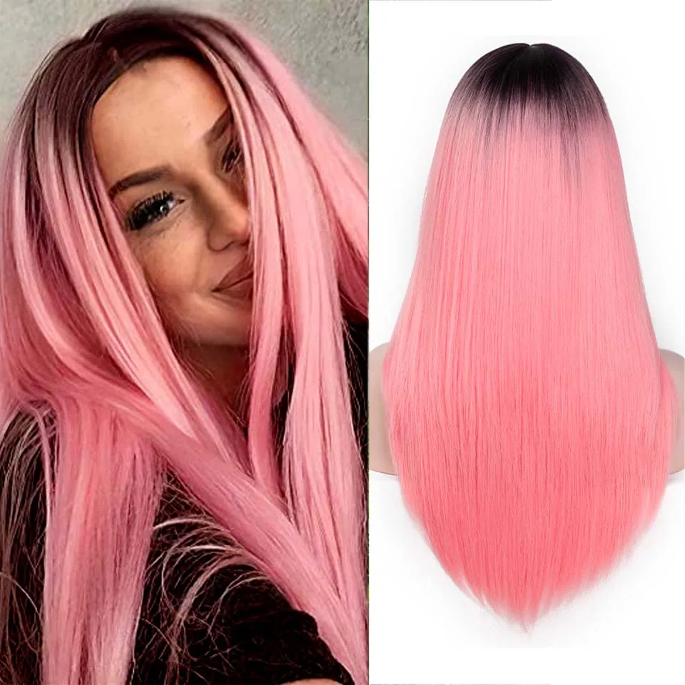 

ELEGANT MUSES Syntheic Wig Ombre Red Long Straight Wig Lolita Synthetic Hair Wigs for Women Black Blonde Pink Gray