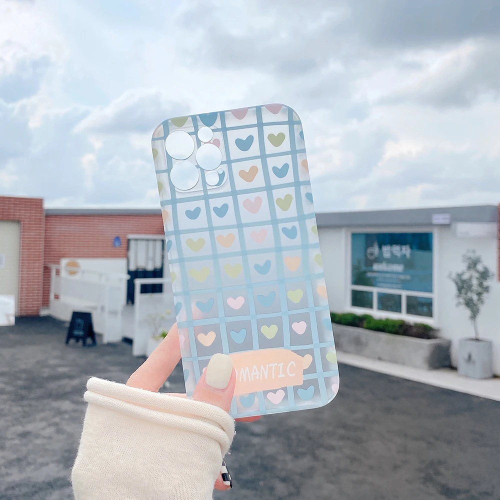 

For Ins Fashion Apple iPhone 11 12 Pro 7 8 Plus 11 X XS Max Mini XR Case Lattice Heart Silica gel translucent Bag