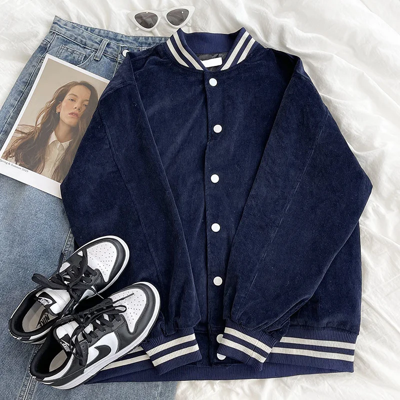 

Striped Trim Corduroy Button Up Blue Bomber Jacket