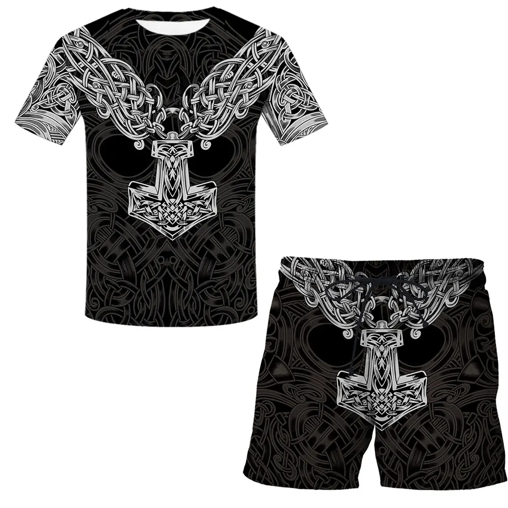 

2021 Fashion Men's Sports Suit T-shirt + Shorts Workout Suit 2 Piece Set Running Viking 3D symbol - Tattoo Printing Short Sleeve