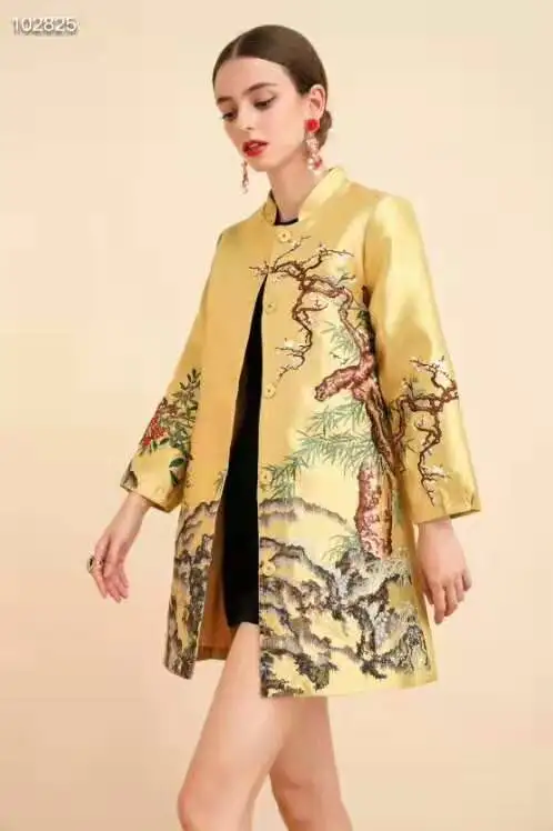 yellow Casacos Feminino осенний плащ большого размера женские винтажные узоры однобортные Длинные рукава синий желтый красный пальто XXXL - Цвет: yellow