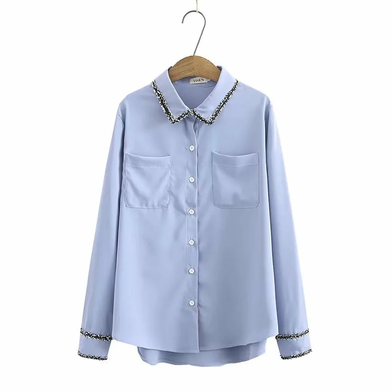 

Plus size Chiffon Turn-down Collar women loose white shirts 2021 new spring autumn casual ladies pockets blouse female tops