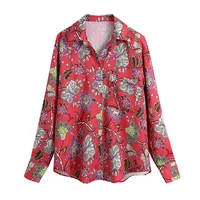 2021 fall women floral print flowing shirt fashion with pockets vintage long sleeves button up female shirts blusas chic tops