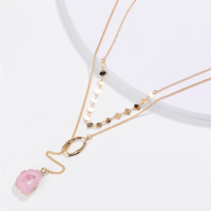 

Romantic Women Pendant Necklace Pink Color Geometric Stone Sequins Starfish Horn Gold Multi Layer Necklace For Female Jewelry
