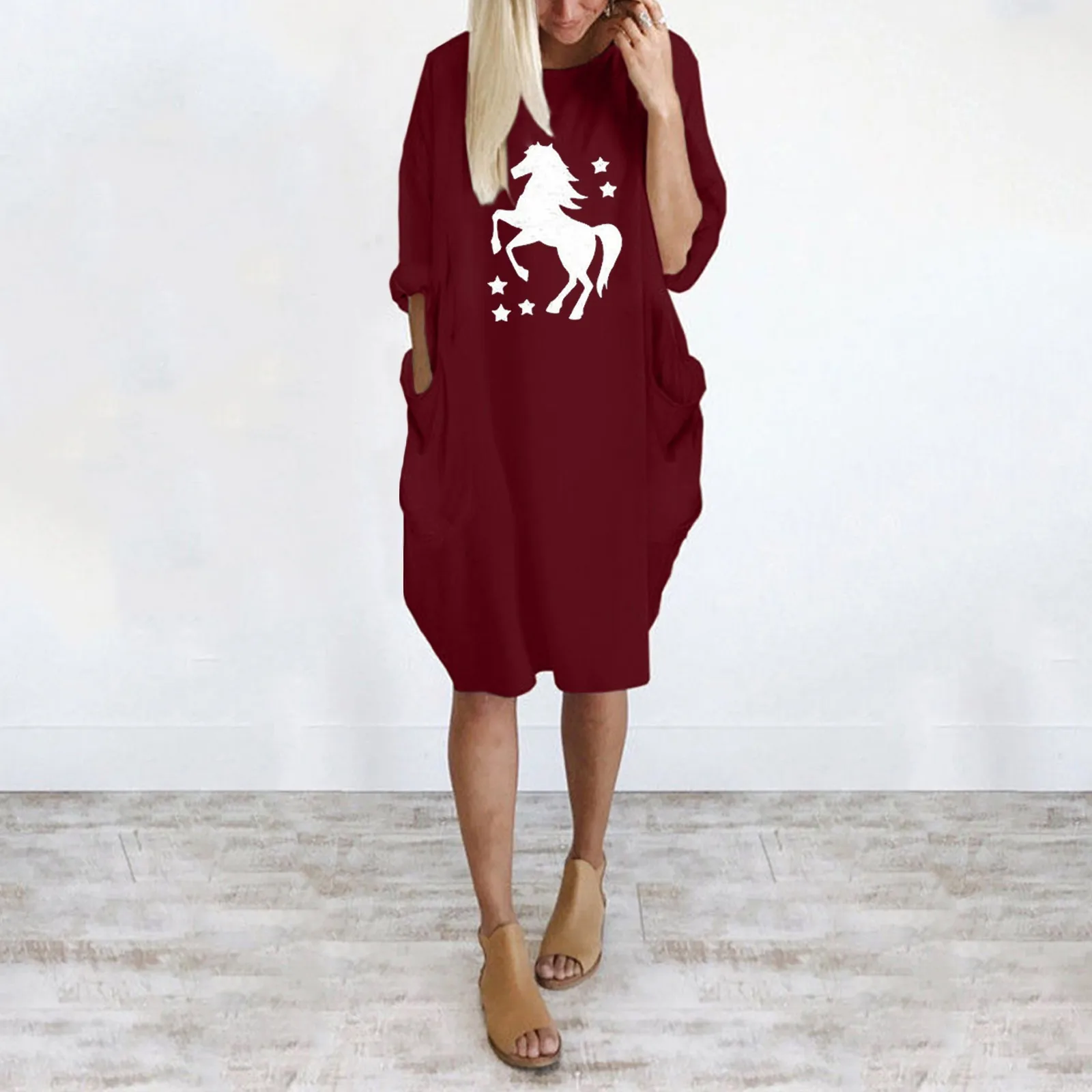 

Cartoon Horse Printed Midi Dress Women Autumn Loose Pockets Baggy Long Sleeve Dresses Casual T Shirt Dress Feminino Vestidos