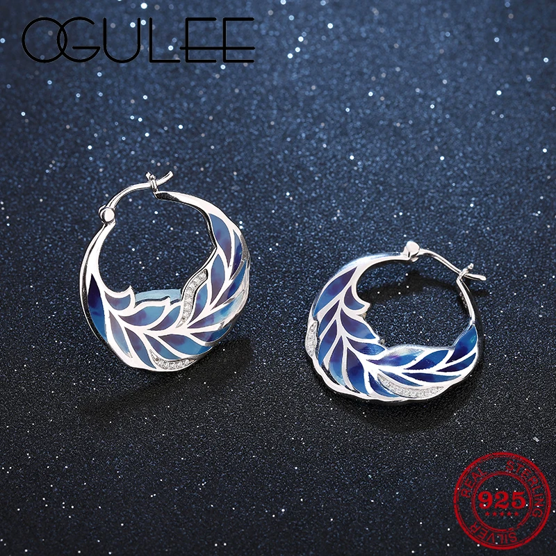 Женские серьги с синими перьями из серебра 925 пробы белым кубическим цирконием и