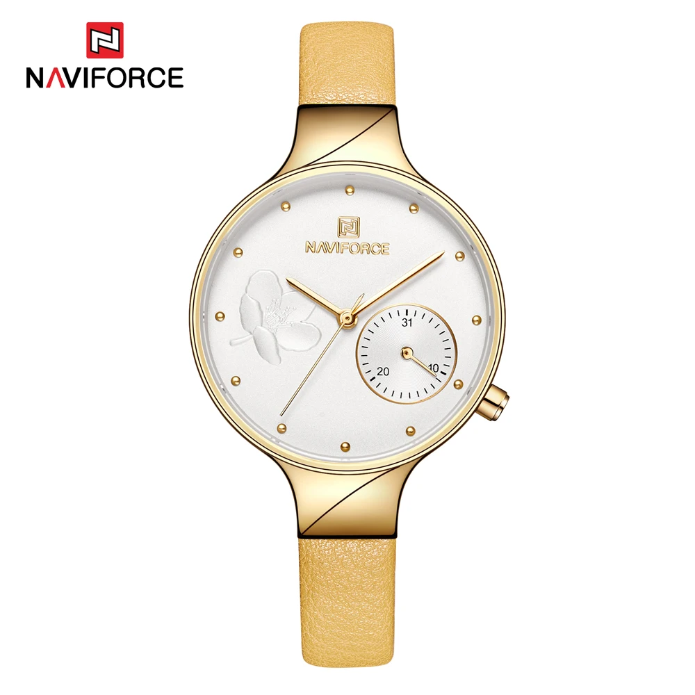 Yellow NAVIFORCE женские часы модные повседневные женские кварцевые женские водонепроницаемые часы наручные часы с кожаным ремешком datereloj mujer - Цвет: Yellow