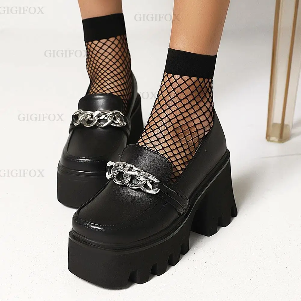 

GIGIFOX Cool Girls Punk Platform Pumps Spring Metal Chain Chunky Heel Pumps Women New Street Brand Slip On Solid Shoes Woman