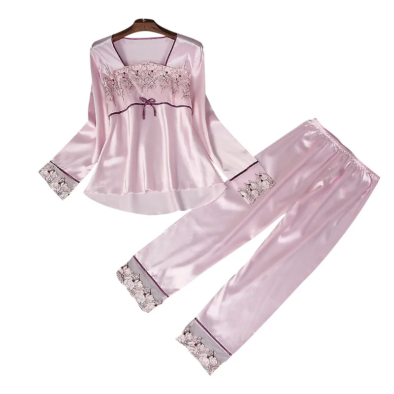 2021 New Women's Pajamas Sets Silk Home Wear Fashion Lace Nightwear Long Sleeve Trousers Nightgown Suit Sleepwear Slash Neck