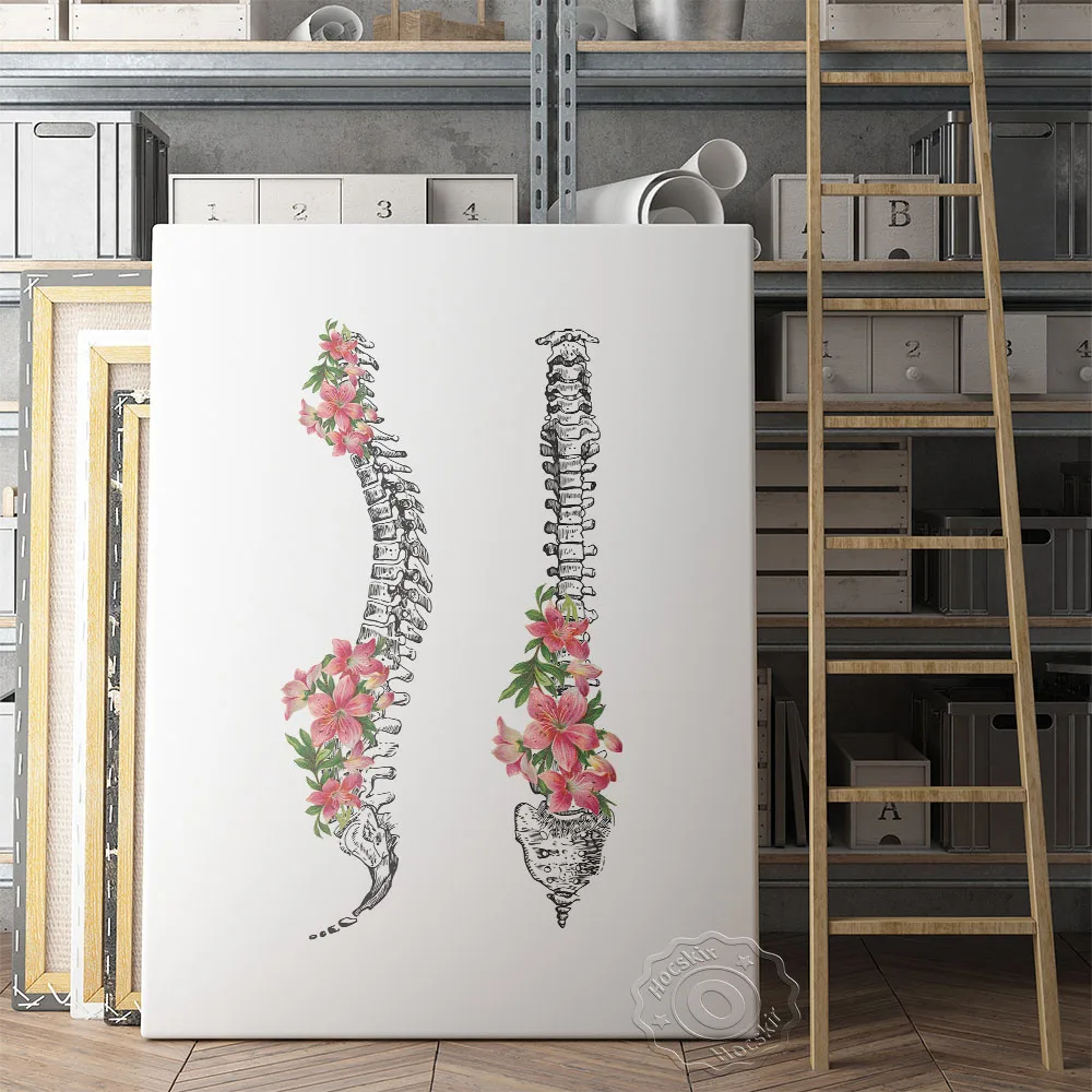 

Red Blossoms Green Leaves Poster, Creature Skeleton Portion Structure Sketch Prints Art, Nordic Flower Bone Doctor Wall Picture