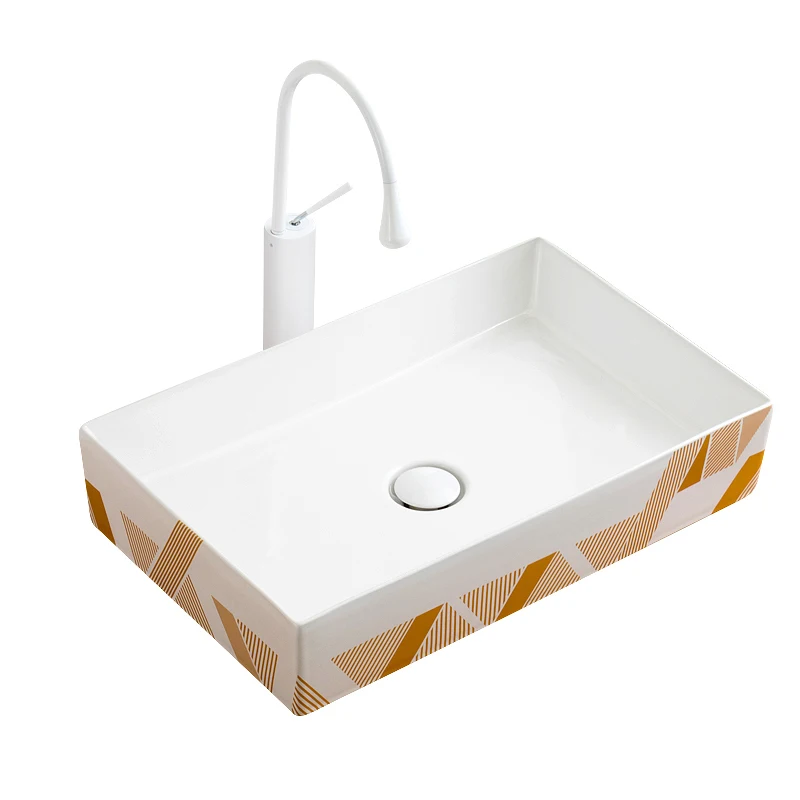 

Modern Bathroom Sinks Counter Top Ceramic Vessel Washing Basin Bowl Building Blocks Design White With Drain Soft Hose AM952