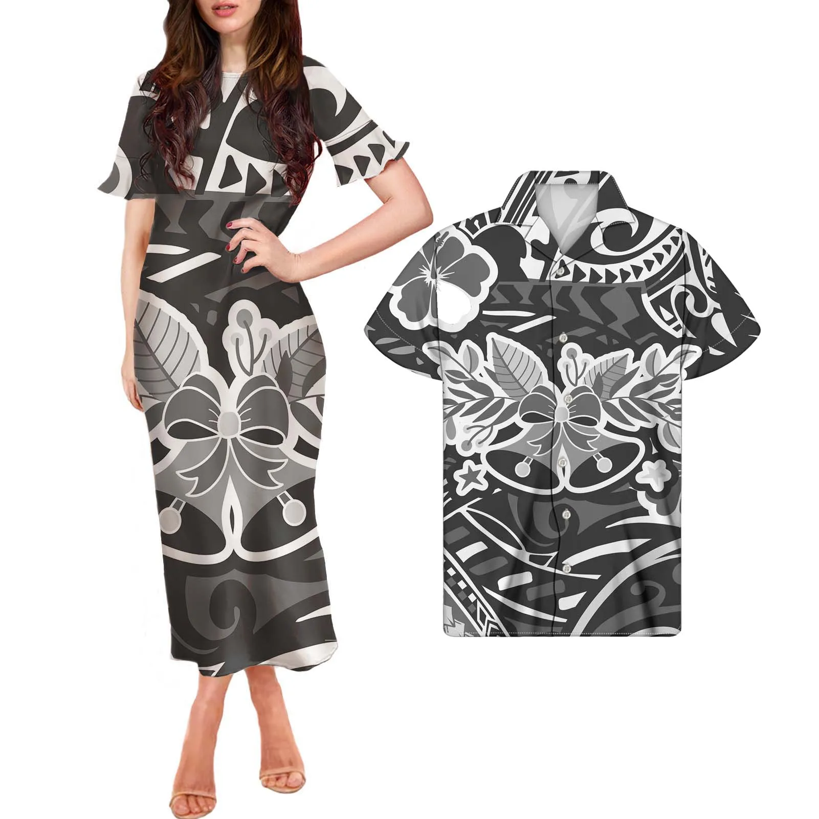 

HYCOOL Custom Couple 2pcs Matching Set Casual Wear Elegant Women Lady Bodycon Long Dresses Gray Ruffled Maxi Match 5xl Men Shirt