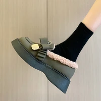 winter women metal bear pleated band cotton shoes thick soled lambswool loafers creepers pin plush woman fur flats