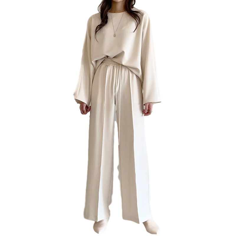 

Fall/winter Lazy Round Neck Loose Long-sleeved Top + High-waisted Straight Leg Thin Wide-leg Casual Pants Women GX1318