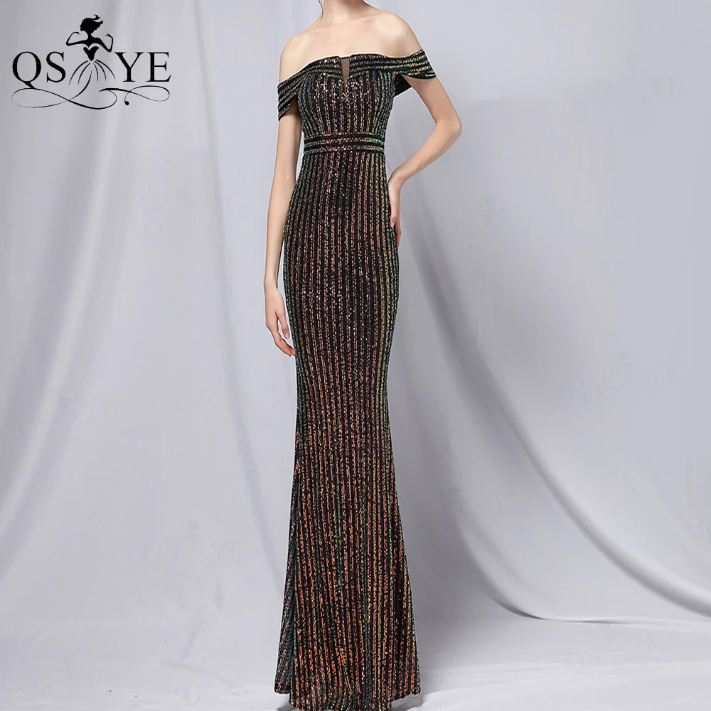 

Off Shoulder Long Prom Dress Twill Sequin Evening Gown Side Sleeves Formal Party Dress Triangle V Net Mermaid Women Black Gown