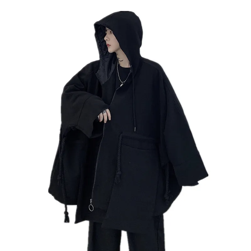 

2019One size!Autumn and winter new dark personality drawstring zipper men loose bat sleeves cap windbreaker cloak coat.