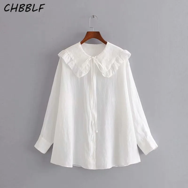 

CHBBLF women chic white blouse ruffles bow tie decorate solid long sleeve shirt female casual chic tops blusas HJH2177