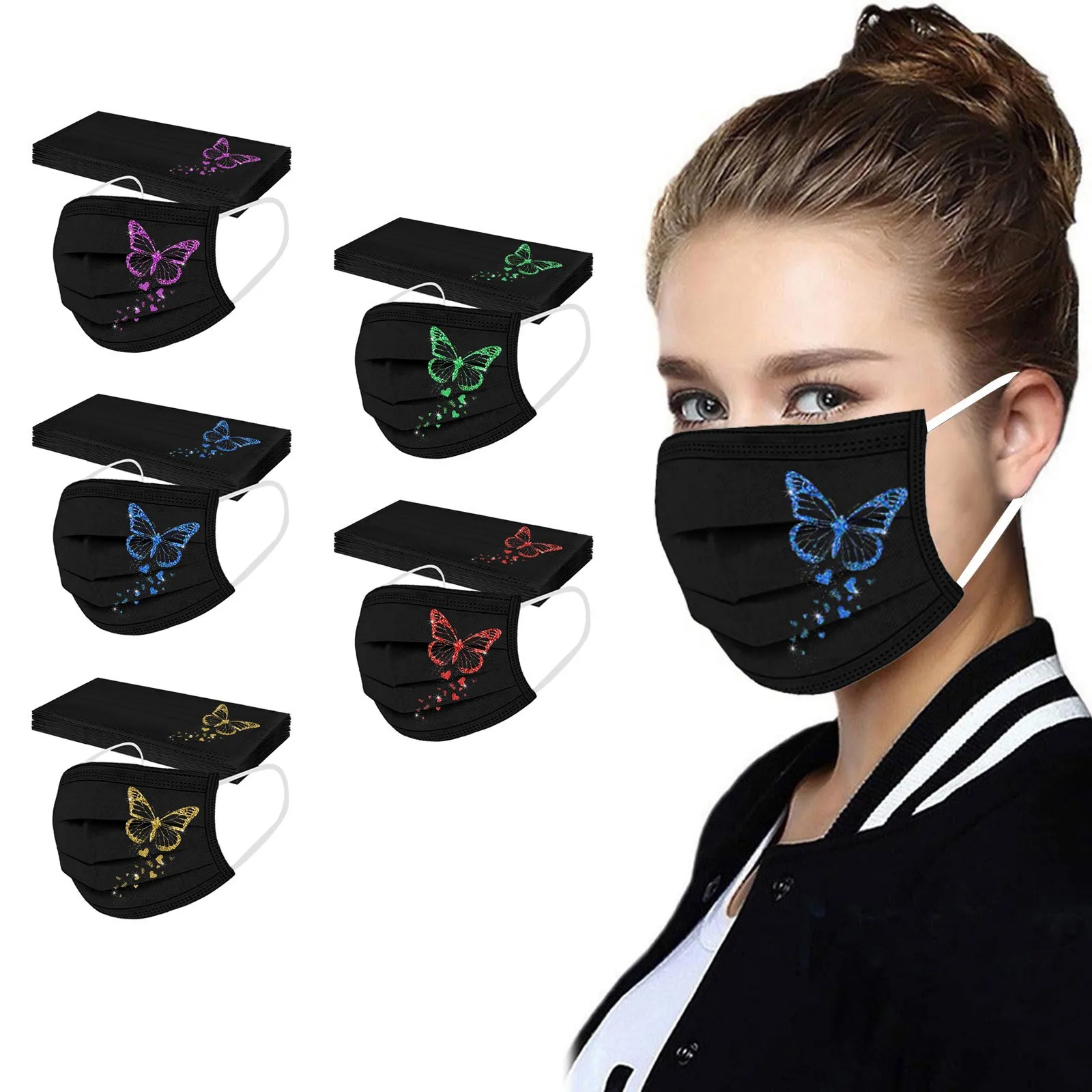 

50 шт. маски с принтом бабочки черные одноразовые маски для лица взрослые трехслойные нетканые пылезащитные маски для рта маска