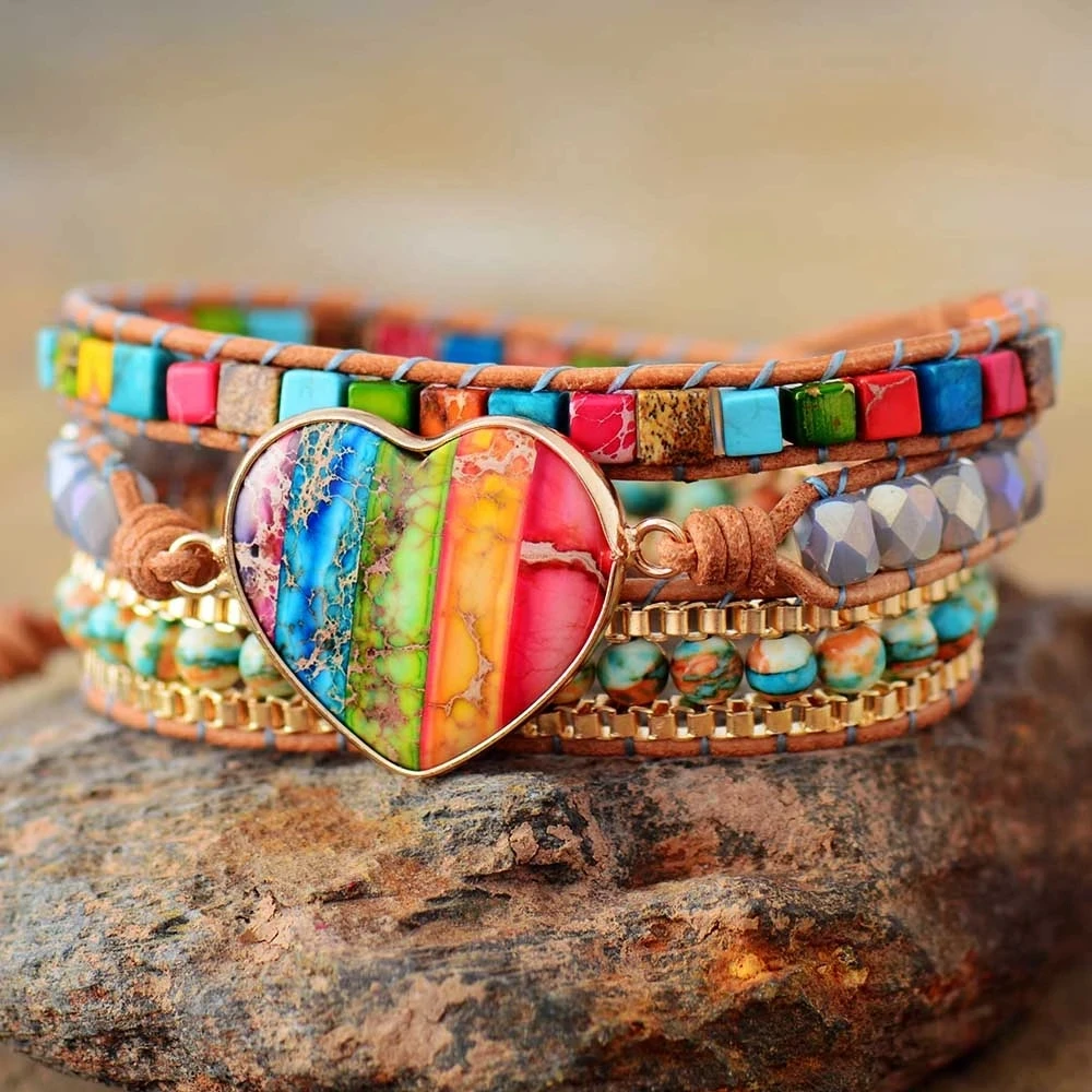 

NEW Romantic Spiritual Chakra Leather Wrap Bracelets Mix Stone Heart Shape 3 Strands Bracelet Classic Jewelry Lovers' Bracelet