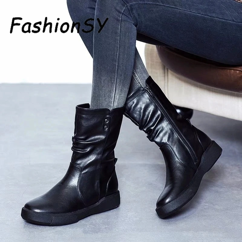 Женские ботинки до середины икры кожаная женская обувь на молнии Осень-зима