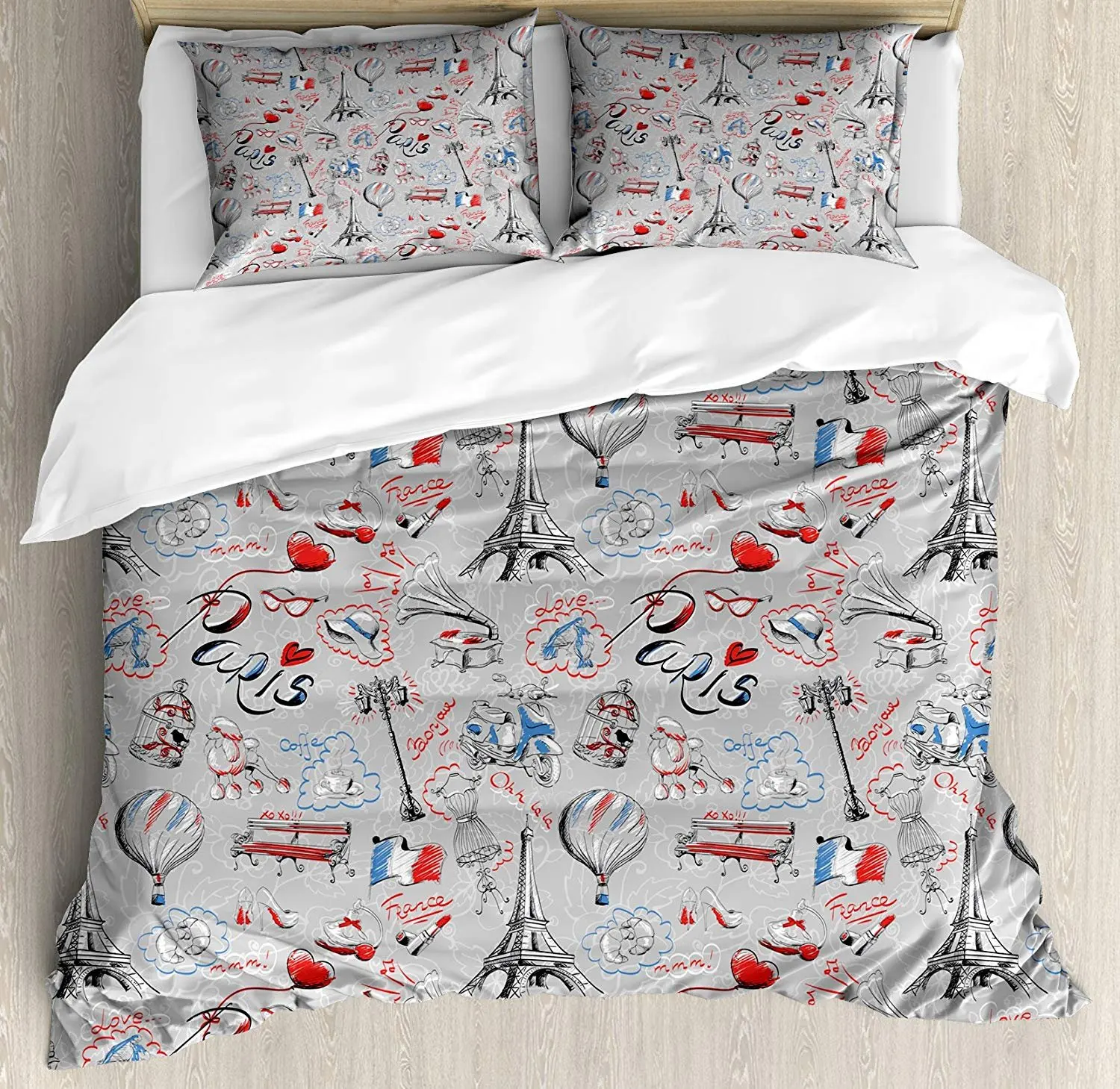 

Paris Bedding Set France Themed Image with French Flag Dogs Eiffel Tower Croissant Vintage City of Love Duvet Cover Pillowcase