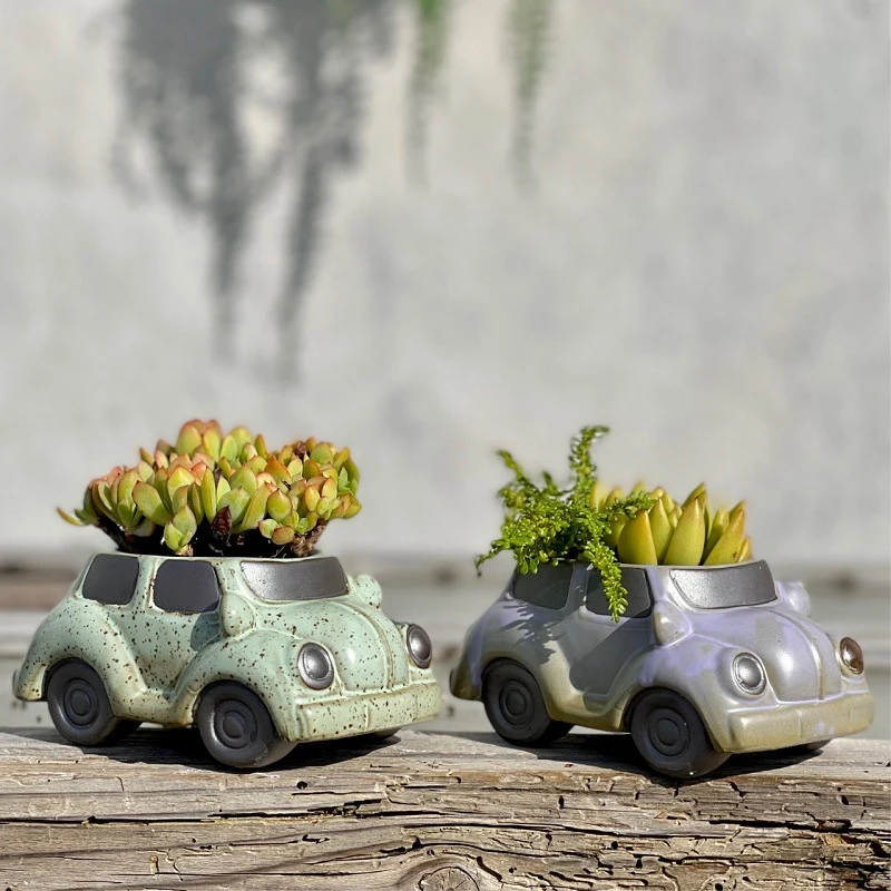 

Car Mobilization Korean Cartoon Car Ceramic Succulent Flower Pot Vintage Green Plant Art Potted Home Balcony Creative Gardening