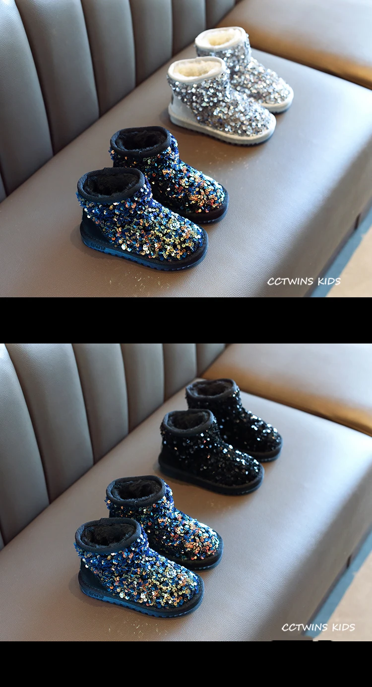 CCTWINS Kids Shoes Winter Girls Fashion Sequin Snow Boots Children Black Sparkly Short Boot for Toddler Glitter Shoe SNB095