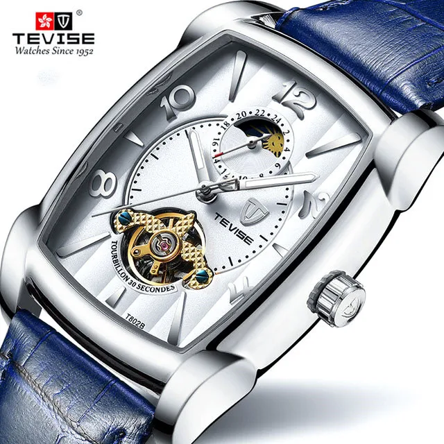 TEVISE Модные мужские автоматические часы Moon phase Tourbillon механические кожаные