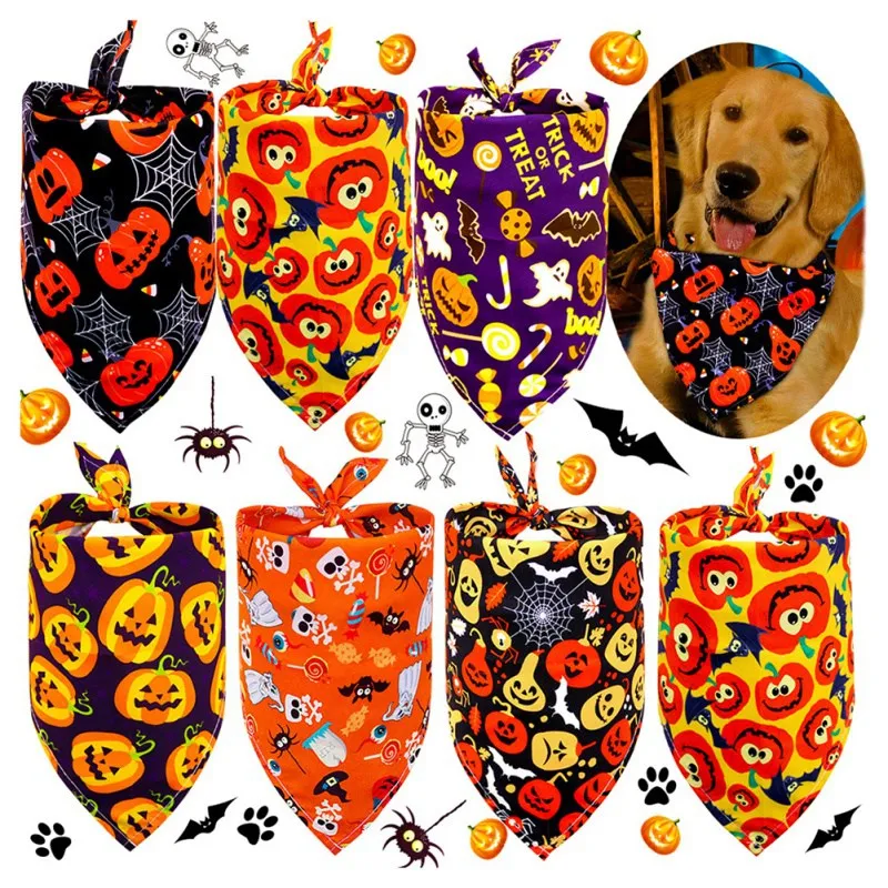 

Halloween Dog Bandana Triangular Bibs With Pumpkin Bat Spider Ghost Pattern Washable Scarf Pet Accessories