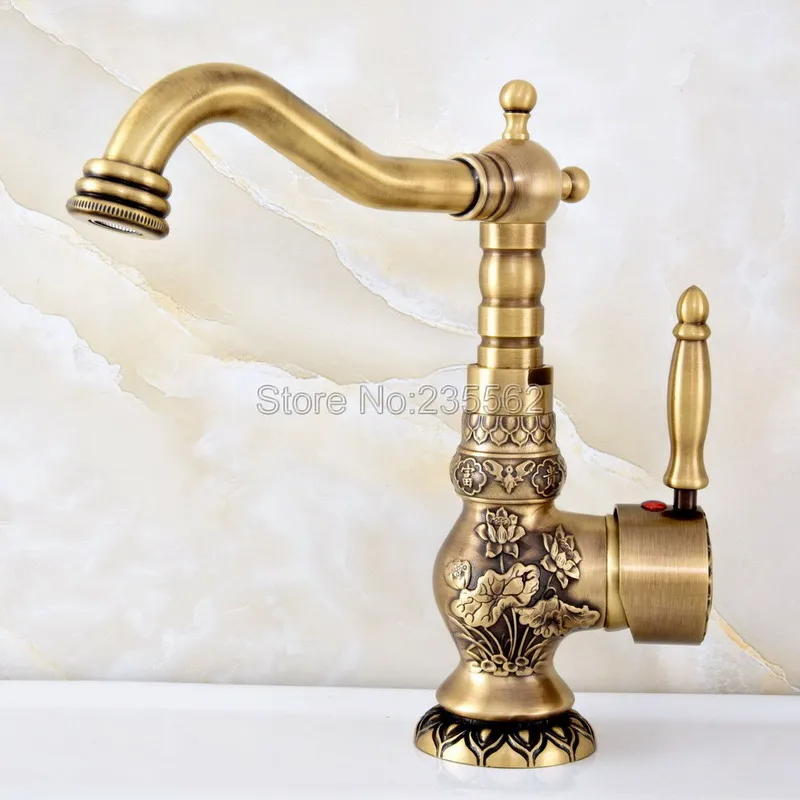 

Basin Faucet Antique Brass Sink Faucet Carved Bathroom Faucet 360 Swivel Single Handle Hot & Cold Water Mixer Tap Lsf127
