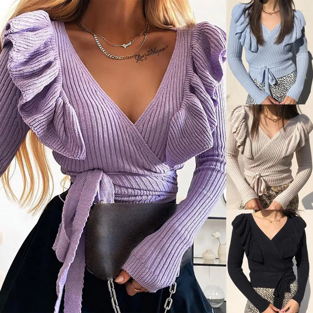 Autumn Winter Women V Neck Long Sleeve Ruffles Knitted Sweater Bandage Pullover