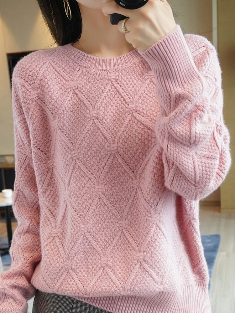 

TIGENA Pink Argyle Pullover Sweater for Women 2021 Autumn Winter Korean All-match Inner Knitted Jumper Female Long Sleeve Tops