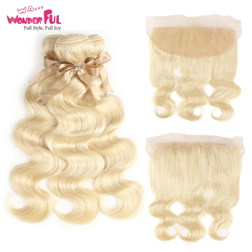 Блонд 613 пучков с фронтальным закрытием человеческие волосы пучки бразильские