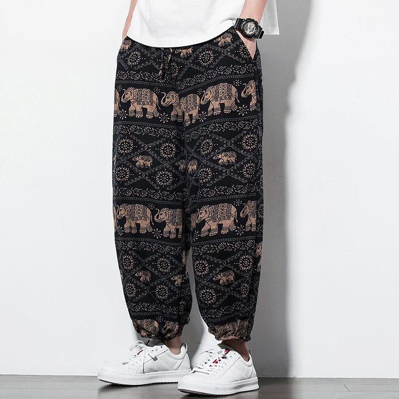 Свободные брюки с принтом в этническом стиле легкие льняные дышащие