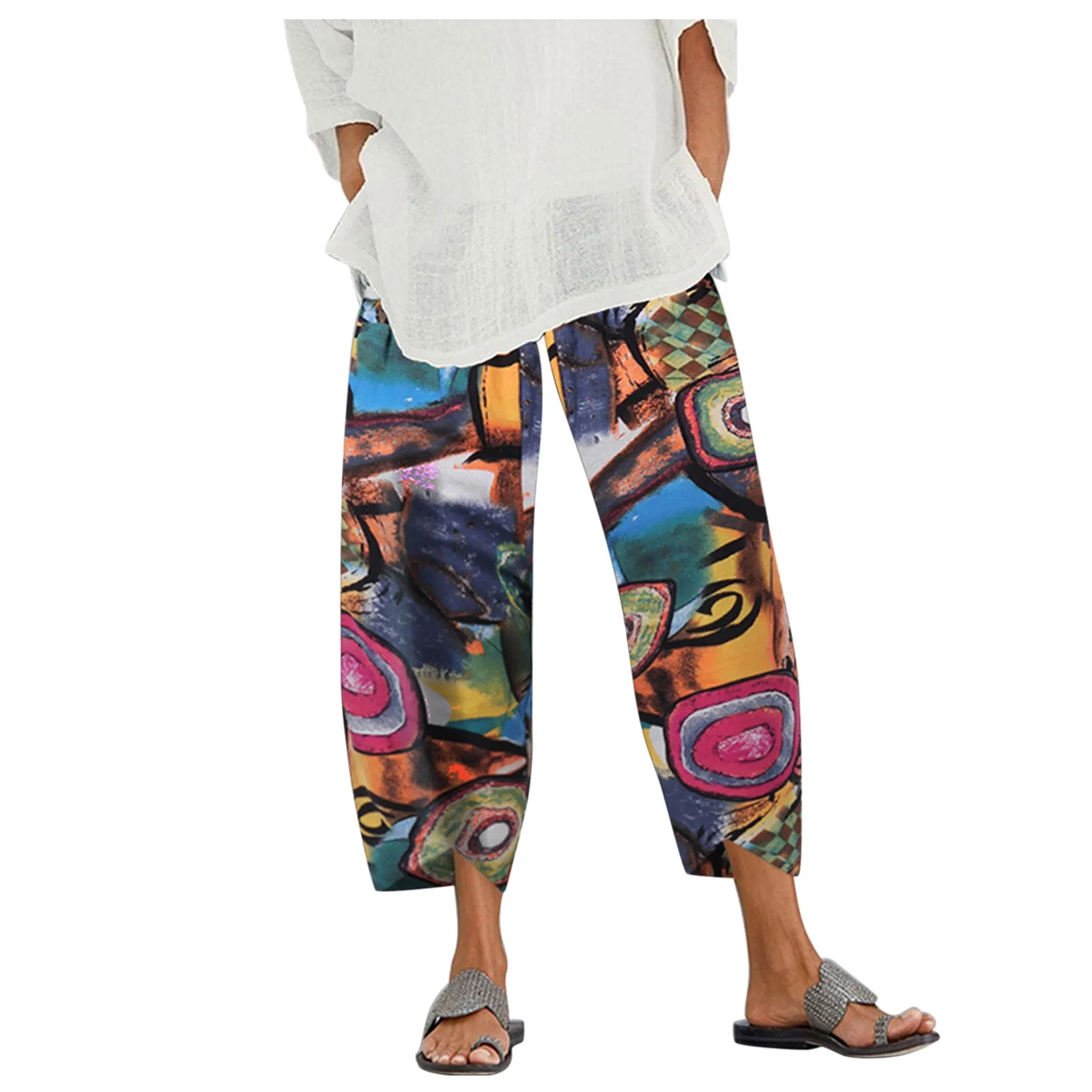 

2021 NEW Women Lady Casual Flowers print Elastic Girdle Waist Wide Leg Pants Pants Loose And Comfortable Slim Pants Casual Pants