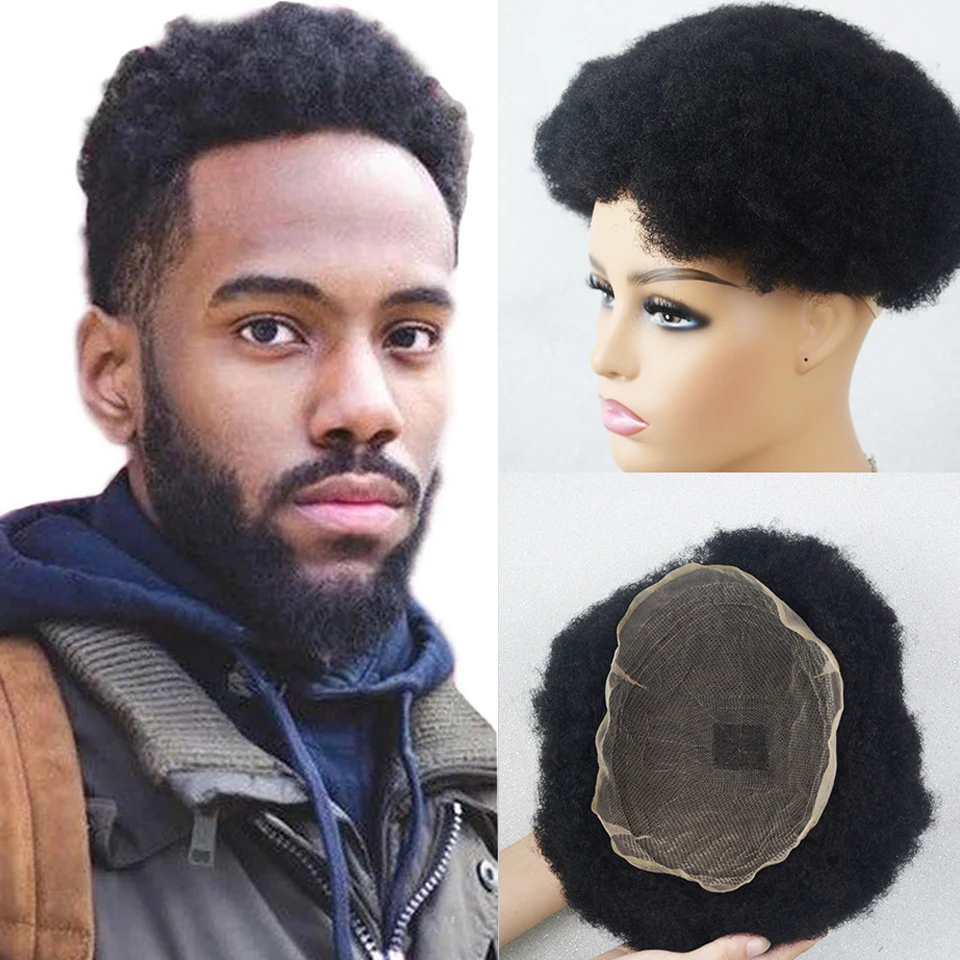 

Afro Kinky Curly Toupee Hair For Men 100% Human Hair Replacement System For Men 8" x 10" Size Full Lace Toupee Hair Pixie Cut