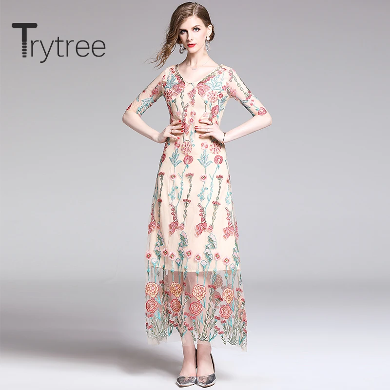 

Trytree 2020 Summer Woman Casual Dress V-neck Embroidery Flower Patchwork Mesh A-Line Fashion Elegant Temperament Apricot Dress