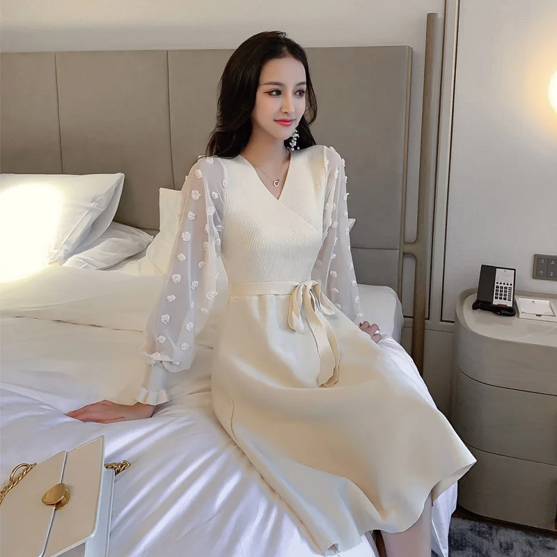 2019 Новое Осеннее винтажное женское платье с длинным рукавом вязаное тонкое