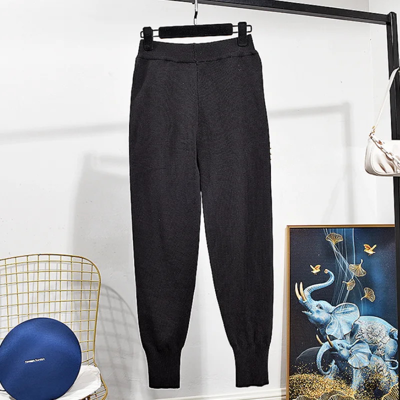 

Female Elegant Knitting Two Piece Sets Round Neck Tassel Colored Diamond Beading Women Casual Suit Autumn Winter Fashion New